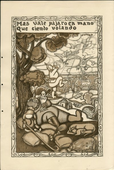 फ्रांसिस्को सांचा लेंगो का चित्रण (1874-1936) - उड़ता हुआ पत्ता, सीए। 1915 - हाथ में एक पक्षी सौ उड़ने से बेहतर है - 14-18 का युद्ध, जर्मनी प्रशिया, जुझारू और प्रतीक, विजय, शांति, स्पेनिश भाषा, विदेशी प्रेस द्वारा फ्रांसिस्को सांचा वाई लेंगो