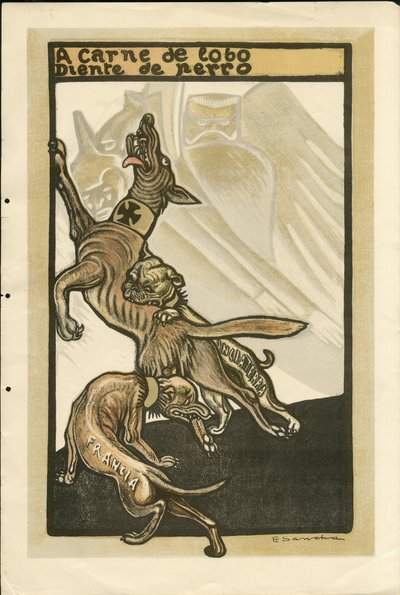 फ्रांसिस्को सांचा लेंगो का चित्रण (1874-1936) - फ्लाइंग लीफ, लगभग 1915 - ए कार्ने डे लोबो डिएंटे डे पेरो - 14 -18 का युद्ध, जर्मनी प्रशिया, इंग्लैंड ग्रेट ब्रिटेन, जुझारू और प्रतीक, फ्रांस, स्पेनिश भाषा, विदेशी प्रेस - विलियम द्वितीय, कुत्ता, हिडो द्वारा फ्रांसिस्को सांचा वाई लेंगो