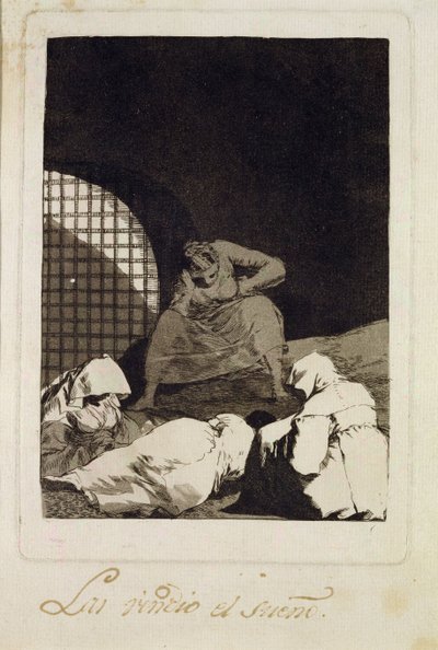 नींद उन पर हावी हो जाती है, &39;लोस कैप्रीचोस&39; के 34, 1799 (नक़्क़ाशी) द्वारा फ़्रांसिस्को डी गोया