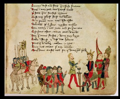Ms Est 27 W 8.17 f.4r Attila the Hun (c.406-453) अपने एक योद्धा के साथ, निकोला दा कैसोला द्वारा अटिला युद्ध द्वारा फ्रेंको इतालवी स्कूल