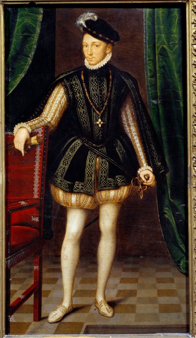 फ्रांस के राजा चार्ल्स IX (1550 - 1574) के पैर में पोर्ट्रेट। फ्रेंकोइस क्लॉएट की कार्यशाला की पेंटिंग (1515-1572) द्वारा फ्रेंकोइस (कार्यशाला की) कोठरी