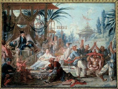 Chinoiserie: "" चीनी नृत्य """ संगीतकारों और नर्तकियों के साथ शाही दरबार में मनोरंजन दृश्य। फ्रेंकोइस बाउचर द्वारा पेंटिंग (1703-1770) 1740 बेसनकॉन, मुसी डेस बेक्स आर्ट्स द्वारा फ्रांकोइस बाउचर
