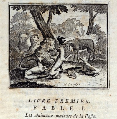 प्लेग से बीमार पशु। जीन डे ला फोंटेन द्वारा दंतकथाएं (1621-95)। फ्रांकोइस चौवेउ (1613-1676) द्वारा चित्रण। 1728 का संस्करण। द्वारा फ्रेंकोइस चौवेउ