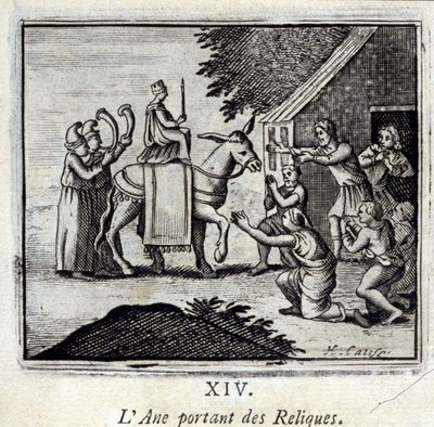 अवशेष ले जाने वाला गधा। जीन डे ला फोंटेन द्वारा दंतकथाएं (1621-95)। फ्रांकोइस चौवेउ (1613-1676) द्वारा चित्रण। 1728 का संस्करण। द्वारा फ्रेंकोइस चौवेउ