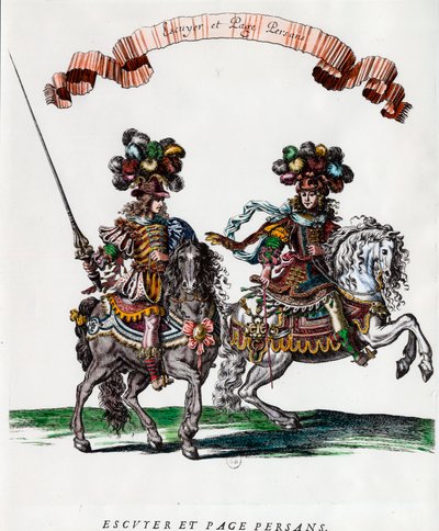 किंग लुई XIV (1639-1715) द्वारा दिए गए हिंडोला के दौरान एक्यूयर और फारसी पृष्ठ, फ्रेंकोइस चौवेउ द्वारा उत्कीर्णन (1613-1676) 1662 के आसपास निजी संग्रह द्वारा फ्रेंकोइस चौवेउ