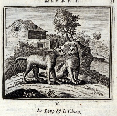 द वुल्फ एंड द डॉग। जीन डे ला फोंटेन (1621-95) द्वारा दंतकथाएं। फ्रेंकोइस चौवेउ (1613-1676) द्वारा चित्रण। 1728 का संस्करण। द्वारा फ्रेंकोइस चौवेउ