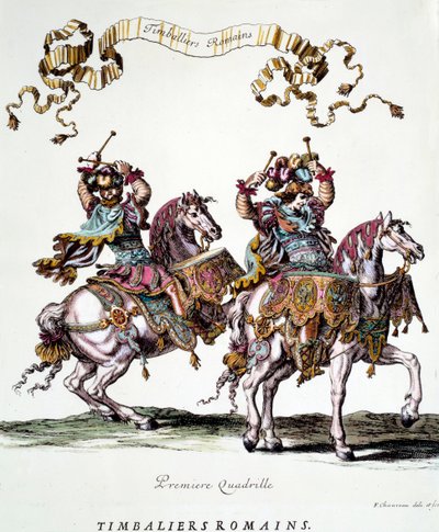 1662 में किंग लुई XIV (1638-1715) द्वारा दिए गए हिंडोला के दौरान रोमन टिम्बलियर्स फ्रेंकोइस चौवेउ द्वारा उत्कीर्णन (1613-1676) 17 वीं शताब्दी का निजी संग्रह द्वारा फ्रेंकोइस चौवेउ