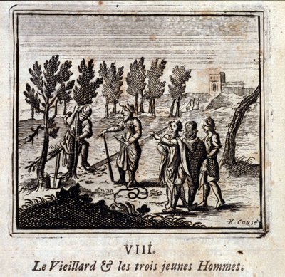 बूढ़ा आदमी और तीन जवान आदमी। जीन डे ला फोंटेन द्वारा दंतकथाएं (1621-95)। फ्रांकोइस चौवेउ (1613-1676) द्वारा चित्रण। 1728 का संस्करण। द्वारा फ्रेंकोइस चौवेउ
