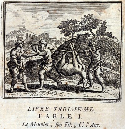 चूसने वाला उसका बेटा और गधा। जीन डे ला फोंटेन द्वारा दंतकथाएं (1621-95)। फ्रांकोइस चौवेउ (1613-1676) द्वारा चित्रण। 1728 का संस्करण। द्वारा फ्रेंकोइस चौवेउ