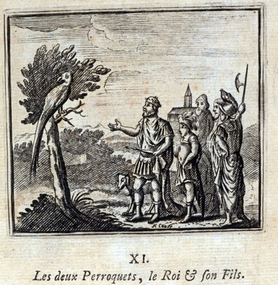 दो तोते राजा और उनके पुत्र। जीन डे ला फोंटेन द्वारा दंतकथाएं (1621-95)। फ्रांकोइस चौवेउ (1613-1676) द्वारा चित्रण। 1728 का संस्करण। द्वारा फ्रेंकोइस चौवेउ