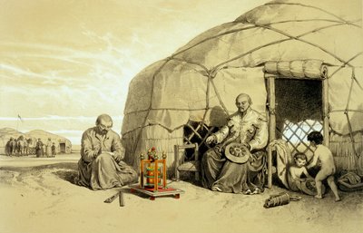 एक प्रार्थना चक्र के साथ कलमुक, साइबेरिया, जेवियर होमायर डी हेल द्वारा 'द स्टेप्स ऑफ द कैस्पियन सी, द काकेशस, द क्रीमिया एंड सदर्न रशिया' से चित्रण, c.1838-42 (कलर लिथो) द्वारा फ्रेंकोइस फॉर्च्यून एंटोनी (बाद) फेरोगियो