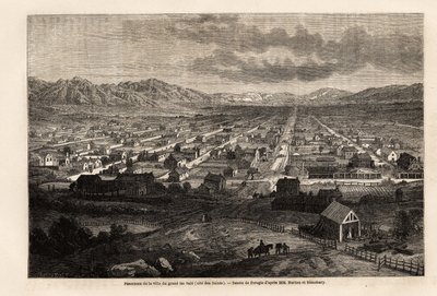 1860 में मॉर्मन की भूमि की राजधानी, सेंट्स शहर में रिचर्ड बर्टन की यात्रा को चित्रित करने के लिए, फेरोगियो द्वारा चित्रित, महान गंदी झील के शहर का पैनोरमा। "" ले टूर डू मोंडे में उत्कीर्णन "", एडौर्ड चार्टो द्वारा संपादित द्वारा फ्रेंकोइस फॉर्च्यून एंटोनी (बाद) फेरोगियो