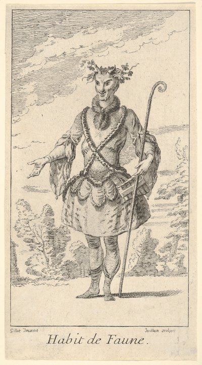 Habit de Faune: एक जीव, उसके दाहिने हाथ में एक बेंत..., ca. 1721. द्वारा फ्रेंकोइस जौलेन