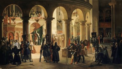 Godefroy de Bouillon पवित्र सैकुलर के ट्राफियों के चर्च में एस्क्लोंलोन में जमा होता है द्वारा फ्रेंकोइस मारियस ग्रानेट