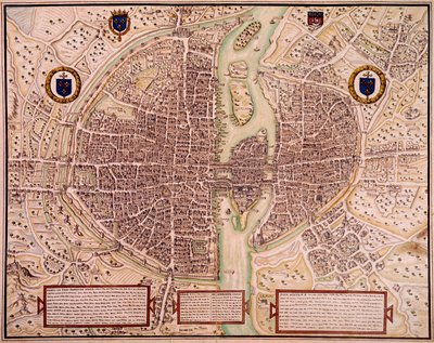 1540-1555 में पेरिस शहर के मानचित्र ने टेपेस्ट्री के बारे में कहा। फ्रेंकोइस रोजर डी गैग्निएरेस (1642-1715) द्वारा उत्कीर्णन। पेरिस, बीएन द्वारा फ्रेंकोइस रोजर डी गेनगिएरेस