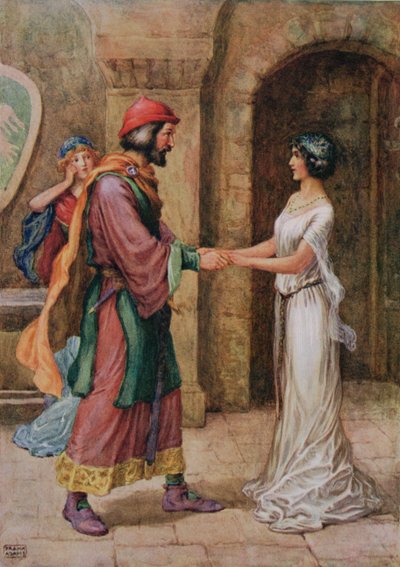 गेराल्डाइन और बैरन, &39;क्रिस्टाबेल&39; से सैमुअल टेलर कोलरिज (1772-1834) ने एमडीबेलग्रेव और एच .ार्ट राफेल टक द्वारा &39;चिल्ड्रन स्टोरीज फ्रॉम द पोयट्स&39; में चित्रित किया। द्वारा फ्रैंक एडम्स