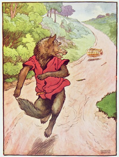 1930 के दशक (कलर लिथो) में प्रकाशित 'द थ्री लिटिल पिग्स' का चित्रण, 'वह उतनी ही तेजी से भागा, जितनी तेजी से उसके पैर उसे ले जाएंगे' द्वारा फ्रैंक एडम्स