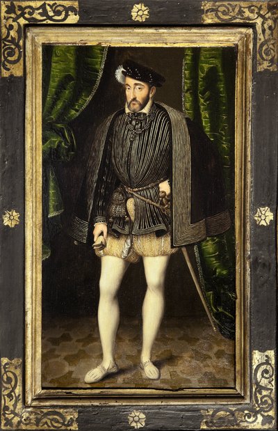 हेनरी II (1519-1559) का पोर्ट्रेट, फ्रेंकोइस 1 का बेटा और 1547 से 1559 तक फ्रांस के राजा क्लॉड डी फ्रांस, 1520-1572 के आसपास फ्रांकोइस क्लौएट की कार्यशाला की पेंटिंग, आदमकद चित्र का कम संस्करण फ्रेंकोइस क्लौएट। फोटोग्राफी, किम द्वारा फ्रांकोइस क्लाउड