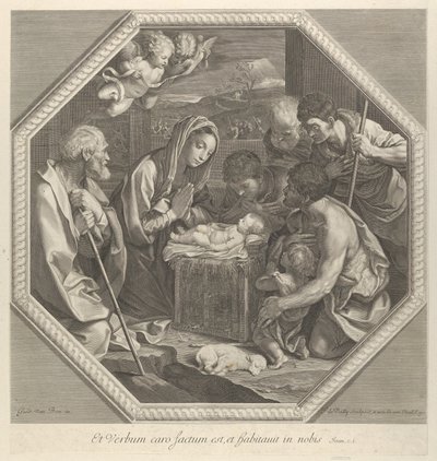 चरवाहों की आराधना जो शिशु मसीह के ठीक सामने एक साथ घुटने टेकते हैं..., ca. 1655-93। द्वारा फ्रांकोइस डे पोली