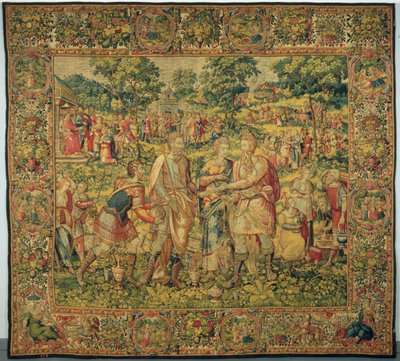 राजा अबीमेलेक सारा को उसके पति, अब्राहम, 1580 (टेपेस्ट्री बुनाई, ऊन और रेशम) में पुनर्स्थापित करता है द्वारा Frans Geubels