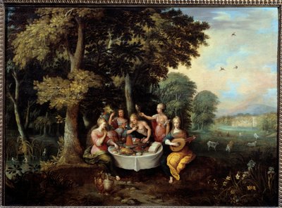 भोज (स्वाद), संगीत (सुन), दर्पण (दृश्य), फूलों का गुलदस्ता (गंध) और दुलार (स्पर्श) के साथ एक परिदृश्य में पांच इंद्रियां युवा महिलाएं। फ्रांज (फ्रांस) फ्रेंकेन II ले ज्यून (१५८१-१६४२) (इ.फ्लैम।) १७वीं सदी के सूर्य की पेंटिंग 0,65x0,9 मीटर टूलूज़, म्यूसी द्वारा फ्रैंस II फ्रेंकेन