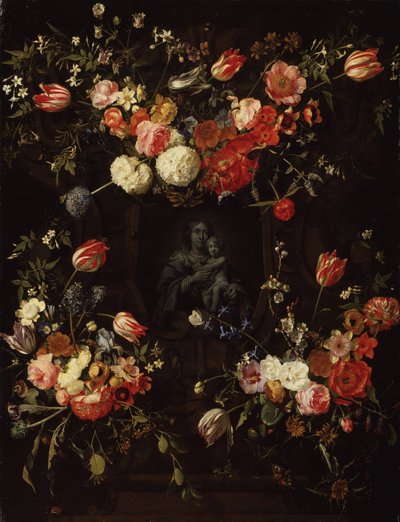 फूलों से घिरा मैडोना, 1662 द्वारा Frans Ykens