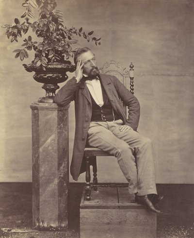 [मैथियास हॉउसरमैन कुरसी पर कुरसी के साथ फूलों का फूलदान लिए बैठे], 1850-60 के दशक। द्वारा फ्रांज एंटोनी