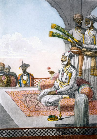 राहजाह में परिचारकों के साथ, &39;द हिंदूस या उनके रीति-रिवाजों का विवरण&39; सेरेमनी में सीमा शुल्क &39;, पब। 1808-12 (रंगीन नक़्क़ाशी) द्वारा फ्रांज बल्थजार सोल्विनस