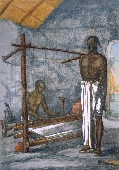 वीवर्स, &39;द हिंदूज़, या उनके मैनर्स, कॉस्ट्यूम्स और सेरेमनीज़ का विवरण&39; से, c.1808-12 (रंगीन नक़्क़ाशी) द्वारा फ्रांज बल्थजार सोल्विनस