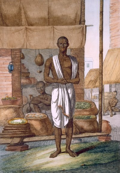 &39;द हिंदू, या उनके मैनर्स, कॉस्टयूम और सेरेमनीज का विवरण&39;, ग ..1808-12 (रंगीन नक़्क़ाशी) से बोरियों में अपनी दुकान के बाहर किराने का सामान द्वारा फ्रांज बल्थजार सोल्विनस
