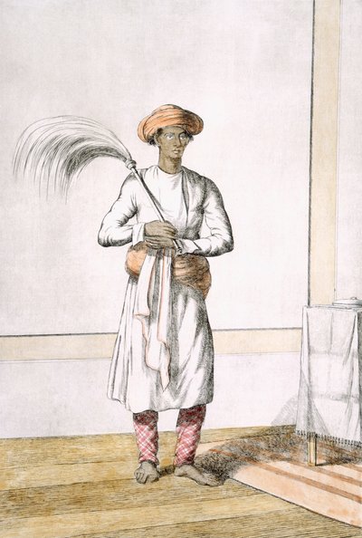 व्हिस्क बियरर, &39;द हिंदूज़, या उनके मैनर्स, कॉस्ट्यूम्स और सेरेमनीज़ का विवरण&39; से, c.1808-12 (रंगीन नक़्क़ाशी) द्वारा फ्रांज बल्थजार सोल्विनस