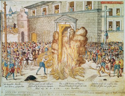 धार्मिक युद्ध: पेरिस में प्लेस डी ग्रीव पर 23/12/1559 को फ्रांसीसी प्रोटेस्टेंट मजिस्ट्रेट ऐनी डु बौर्ग (1521-1559) को फांसी। द्वारा फ्रांज होजेनबर्ग