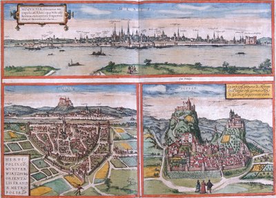 स्विट्जरलैंड में मेंज़ (मोगुंटिया), वुर्जबर्ग, जर्मनी और सायन (सेडुनम) के दृश्य (नक़्क़ाशी) द्वारा फ्रांज होजेनबर्ग