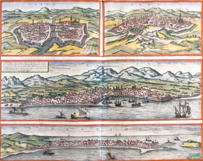 पर्मा (पर्मा), सिएना (सेना), पलेर्मो (पैनहोर्मस) और ट्रैपानी (ड्रेपनम) (सिसिली), इटली (नक़्क़ाशी) के दृश्य द्वारा फ्रांज होजेनबर्ग