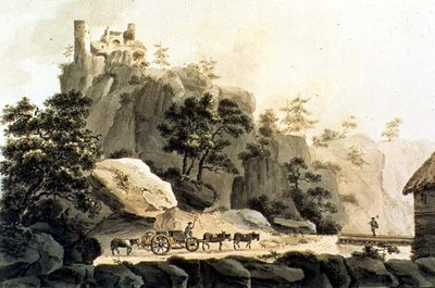 रिब्यूविल रोड और ग्रैंड रिब्यूविल कैसल का दृश्य (रंग उत्कीर्णन) द्वारा फ्रांज वाल्टर