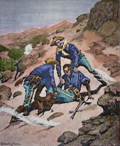 1886 के गेरोनिमो अभियान के दौरान कॉर्पोरल स्कॉट का बचाव (रंगीन उत्कीर्णन) द्वारा फ्रेडरिक (बाद) रेमिंगटन
