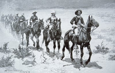 अमेरिका के 'बफ़ेलो सोल्जर्स' रेगिस्तान में मार्च करते हुए, 1888 के एक चित्र से (उत्कीर्णन) द्वारा फ्रेडरिक (बाद) रेमिंगटन