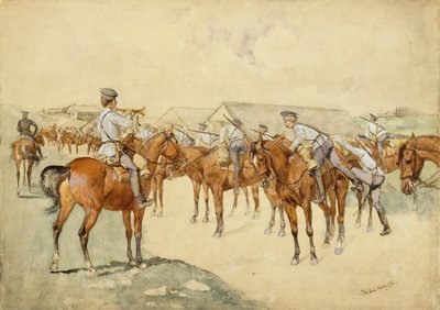 शस्त्रों के लिए एक कॉल (Dragoons, माउंट!) 1892-93 (wc, gouache, कलम और स्याही, पेंसिल और कागज पर बॉडी कलर) द्वारा फ्रेडरिक रेमिंगटन
