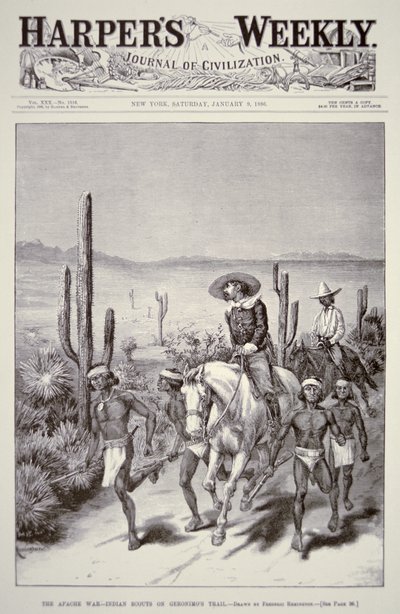 अपाचे स्काउट्स ने 9 जनवरी 1886 को 'हार्पर वीकली' से गेरोनिमो (1829-1909) का पीछा करते हुए सेना की गश्त का नेतृत्व किया (लिथो) द्वारा फ्रेडरिक रेमिंगटन