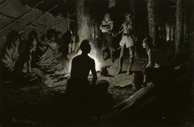 भारतीयों के साथ फ्रांसीसी खोजकर्ता परिषद (Iroquois परिषद आग पर) c.1901 द्वारा फ्रेडरिक रेमिंगटन