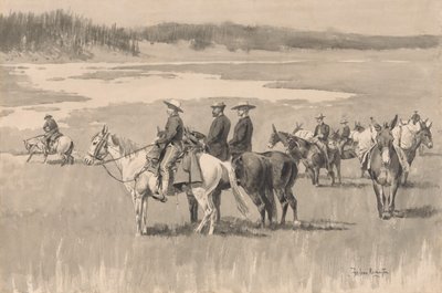 हेड-वाटर्स पर - बर्गेस फाइंडिंग ए फोर्ड, सीए। 1893. द्वारा फ्रेडरिक रेमिंगटन