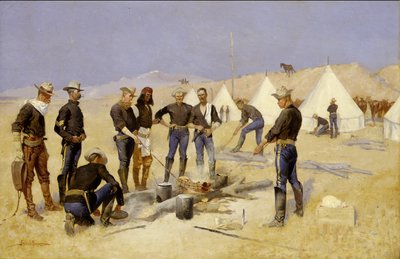 कैवलरी कैंप में क्रिसमस बीफ़ को भुनाते हुए, c.1892 द्वारा फ्रेडरिक रेमिंगटन