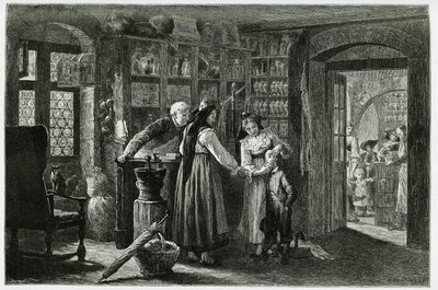 Kaysersberg (या Kaisersberg, Alsace) गाँव के फार्मासिस्ट पर, एक आपातकालीन परामर्श। 1884 में चार्ल्स ग्रैड (1842-1890), जर्मन प्रतिनियुक्त, लेखक और प्रकृतिवादी द्वारा "थ्रू अलसैस एंड लोरेन" कहानी को चित्रित करने के लिए F.Lix द्वारा उत्कीर्णन। पब द्वारा फ्रेडरिक थियोडोर लिक्स