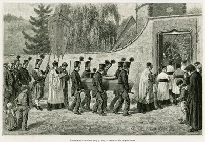 नाबालिग का अंतिम संस्कार। 1887 में चार्ल्स ग्रैड, जर्मन प्रतिनियुक्त चार्ल्स ग्रैड द्वारा, एडौर्ड चार्टन (1807-1890), हैचेट, पेरिस द्वारा निर्देशित टूर डू मोंडे में कहानी को चित्रित करने के लिए लिक्स द्वारा उत्कीर्णन, ए थ्रू अलसैस और लोरेन। द्वारा फ्रेडरिक थियोडोर लिक्स