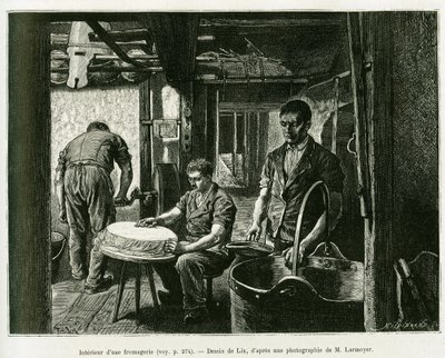 एक पनीर फैक्ट्री के अंदर। एडौर्ड चार्टन (1807-1890), हैचेट, पेरिस के निर्देशन में, 1885 में चार्ल्स ग्रैड, जर्मन प्रतिनियुक्त द्वारा, ए थ्रू अलसैस और लोरेन की कहानी को चित्रित करने के लिए, लिक्स द्वारा उत्कीर्णन। द्वारा फ्रेडरिक थियोडोर लिक्स