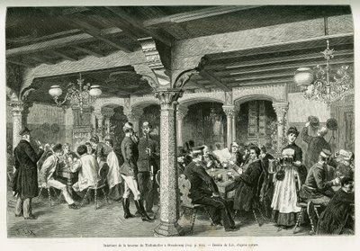 स्ट्रासबर्ग में टिफ़ेंकेलर मधुशाला का आंतरिक भाग। 1887 में, चार्ल्स ग्रैड, जर्मन प्रतिनियुक्त चार्ल्स ग्रैड द्वारा, एडौर्ड चार्टन (1807-1890), हैचेट, पेरिस द्वारा निर्देशित टूर डू मोंडे 1888 में कहानी को चित्रित करने के लिए लिक्स द्वारा उत्कीर्णन, ए थ्रू अ द्वारा फ्रेडरिक थियोडोर लिक्स