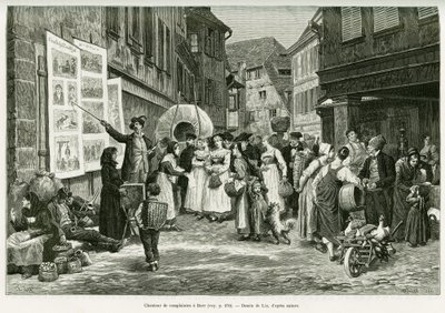 बर्र की गलियों में विलाप गायक। 1887 में, चार्ल्स ग्रैड, जर्मन प्रतिनियुक्त चार्ल्स ग्रैड द्वारा, एडौर्ड चार्टन (1807-1890), हैचेट, पेरिस द्वारा निर्देशित टूर डू मोंडे 1888 में कहानी को चित्रित करने के लिए लिक्स द्वारा उत्कीर्णन, ए थ्रू अलसैस और लोरेन। द्वारा फ्रेडरिक थियोडोर लिक्स