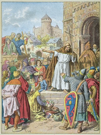 पियरे एल'एर्माइट ने 1095 में क्लरमोंट की परिषद में लोगों और शूरवीरों (उत्कीर्णन) के सामने धर्मयुद्ध की प्रशंसा की द्वारा फ्रेडरिक थियोडोर लिक्स