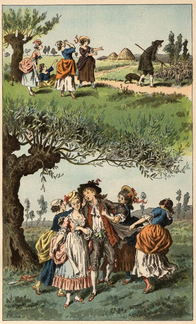 लोकप्रिय गीत: "हम तीन लड़कियां थीं""। फ़्रेडरिक थियोडोर लिक्स (1830-1897) द्वारा "" चैनसन्स एट राउंड्स एनफ़ैंटाइन्स डेस प्रोविंस डे ला फ़्रांस" में चित्रण द्वारा फ्रेडरिक थियोडोर लिक्स