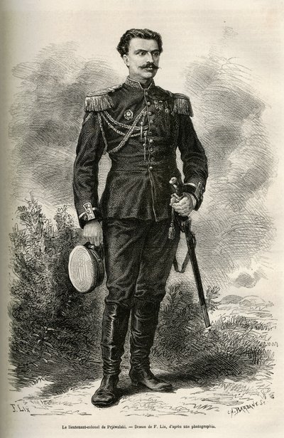 प्रेजेवाल्स्की के लेफ्टिनेंट कर्नल द्वारा 1870 से 1873 तक मंगोलिया की यात्रा और टंग्यूट्स की भूमि को चित्रित करने के लिए F.Lix द्वारा चित्रित, प्रेजेवल्स्की के यात्री और कथाकार लेफ्टिनेंट कर्नल का चित्र। ले टूर डू मोंडे में उत्कीर्णन द्वारा फ्रेडरिक थियोडोर लिक्स